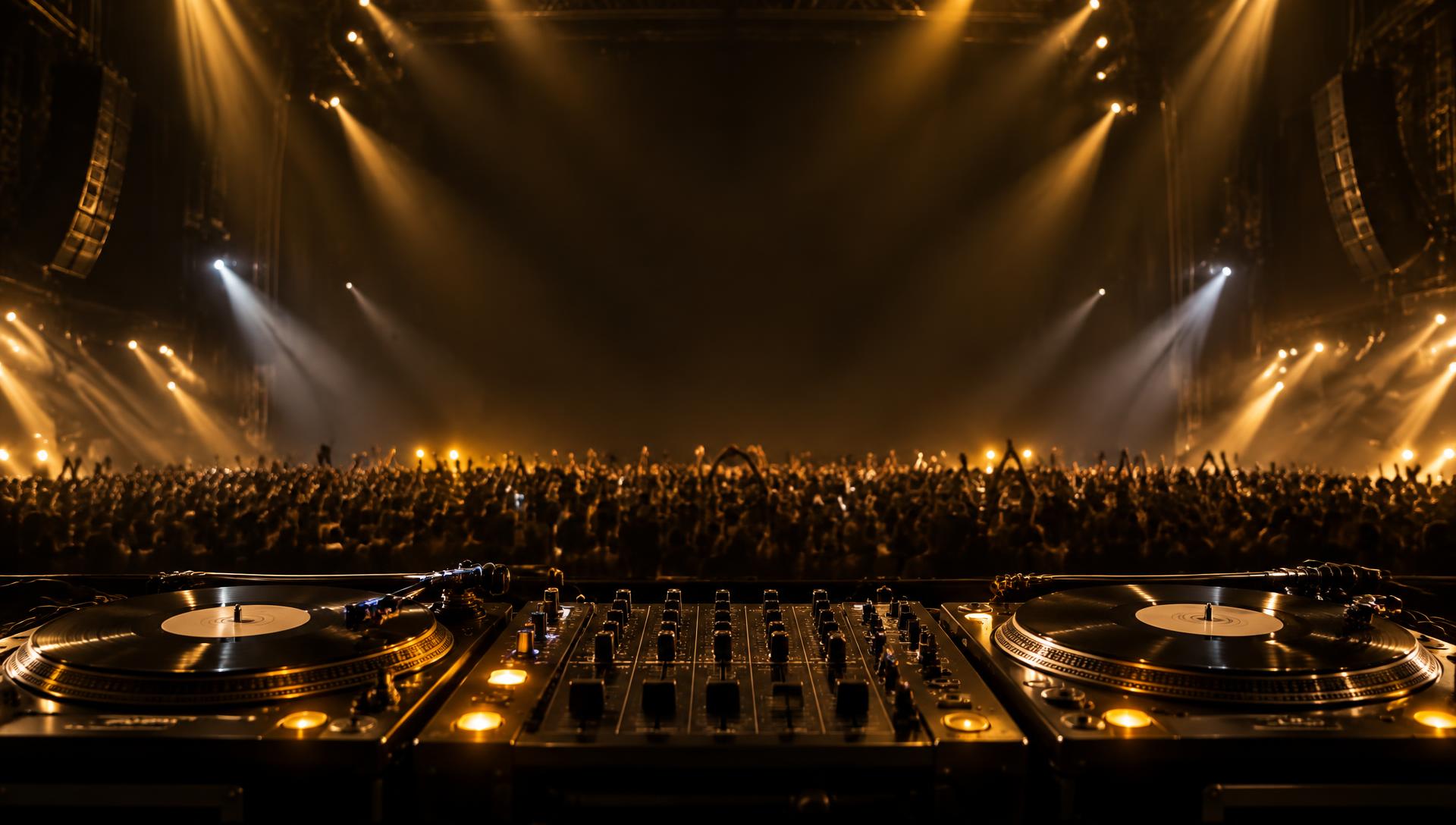 Toca-discos em um palco iluminado em dourado diante de uma plateia